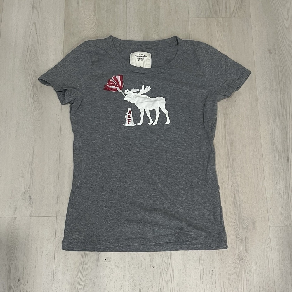 Abercrombie & Fitch Y2K Embroidered Moose Baby Tee Cotton Sz Large Gray Cheer